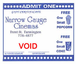 Narrow Gauge Cinemas gift certificate for a movie, small popcorn and soda.